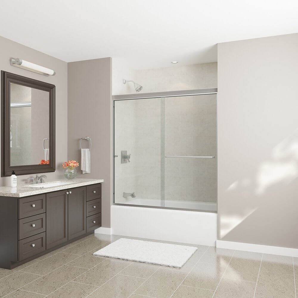 by-pass shower door with brushed nickel hardware