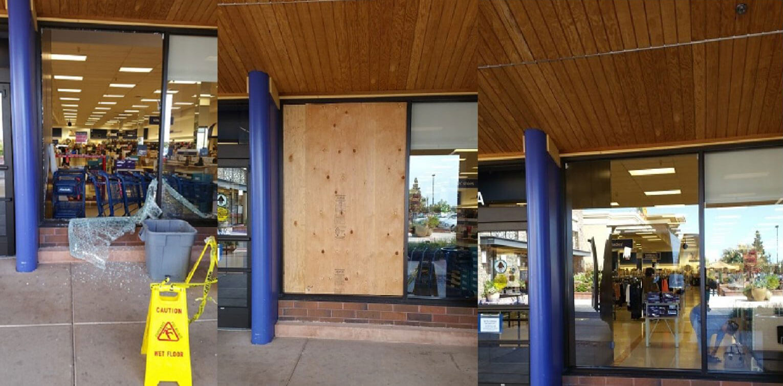 photo collage of before, during, and after commercial glass repair