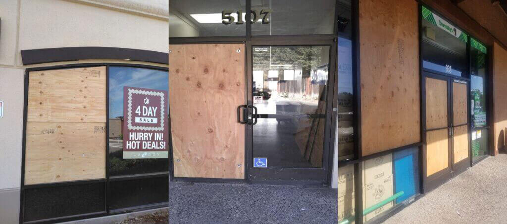 photo collage of three different storefronts with boarded up windows and doors